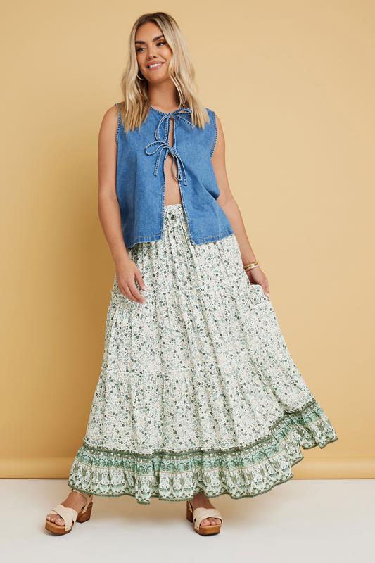 evans YOURS Curve Light Green Ditsy Floral Tiered Skirt