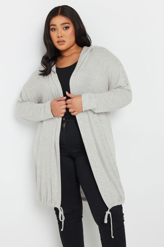 evans YOURS Curve Light Grey Longline Hooded Cardigan