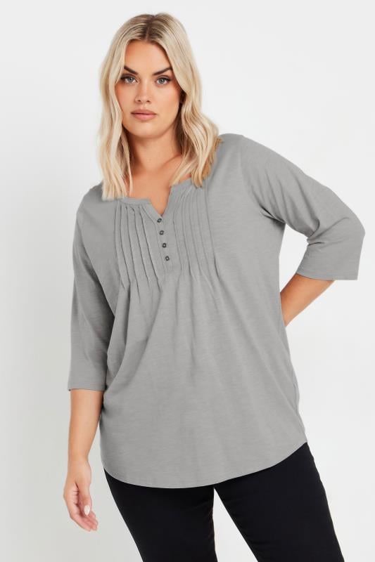 Evans YOURS Curve Light Grey Pintuck Henley T-Shirt