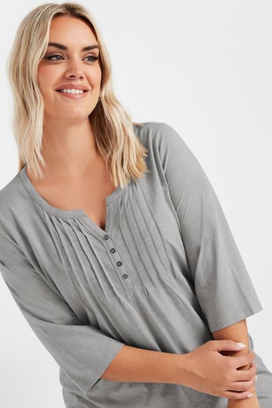evans YOURS Curve Light Grey Pintuck Henley T-Shirt