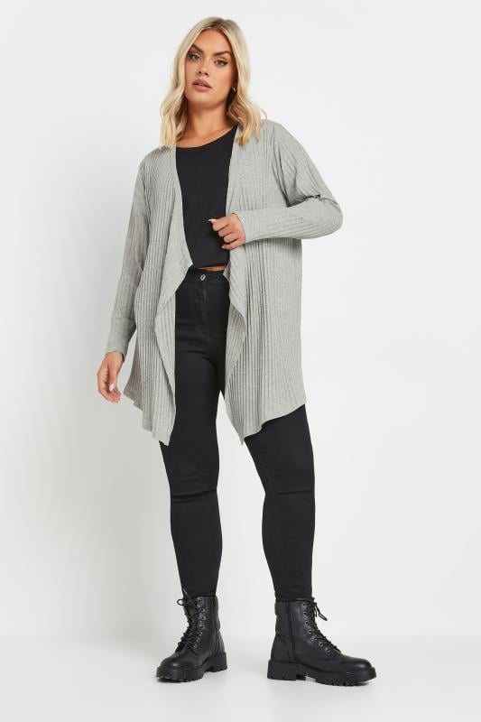 Evans YOURS Curve Light Grey Ribbed Waterfall Cardigan