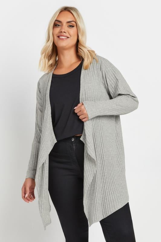 evans YOURS Curve Light Grey Ribbed Waterfall Cardigan