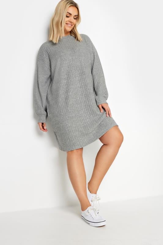 Evans YOURS Curve Light Grey Soft Touch Ribbed Jumper Dress