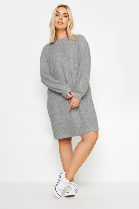 evans YOURS Curve Light Grey Soft Touch Ribbed Jumper Dress