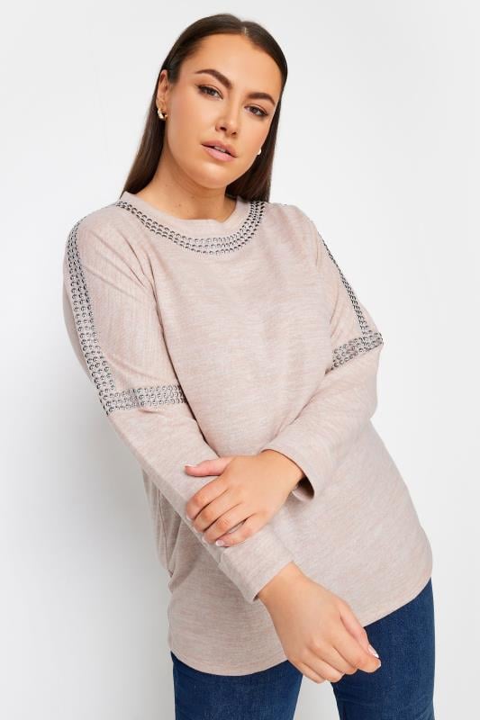 evans YOURS Curve Light Pink Stud Batwing Sleeve Jumper