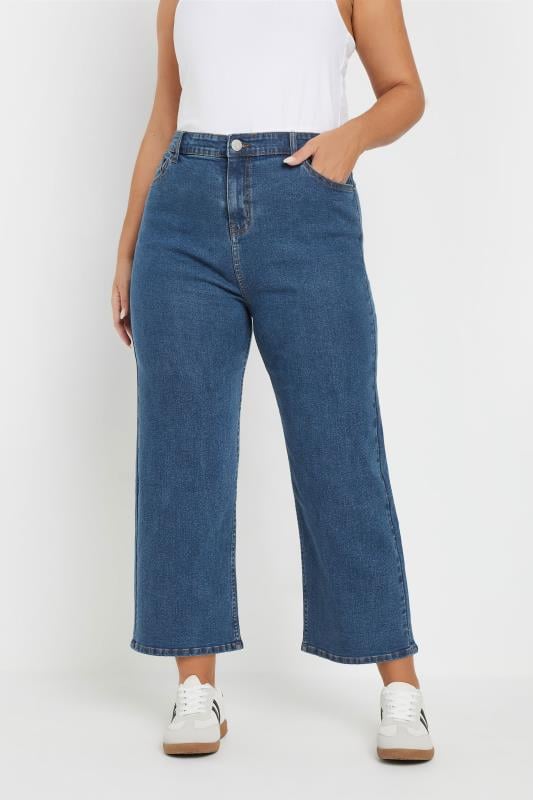 evans YOURS Curve Mid Blue Wide Leg Cropped Denim Jeans