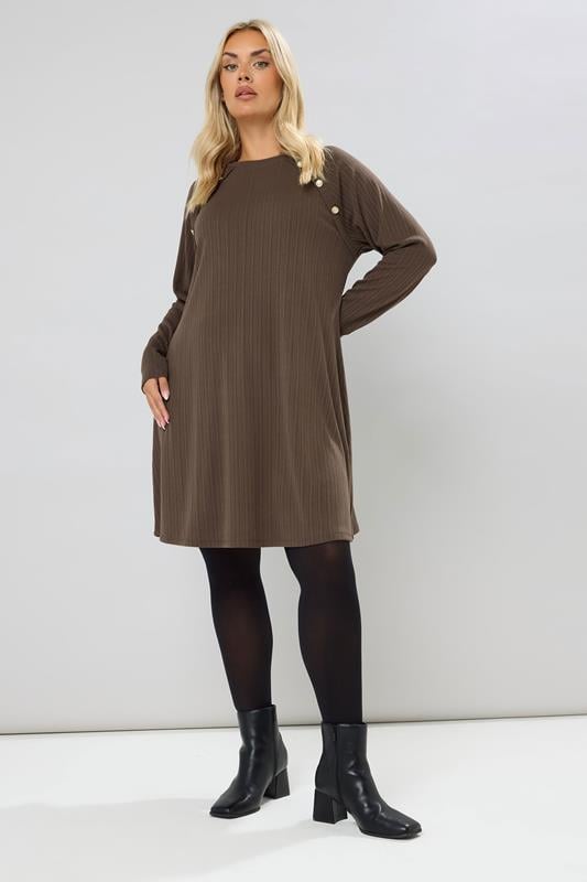 Evans YOURS Curve Mocha Brown Button Ribbed Tunic Dress