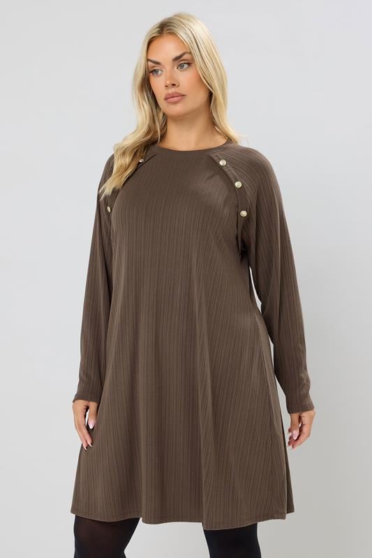 evans YOURS Curve Mocha Brown Button Ribbed Tunic Dress
