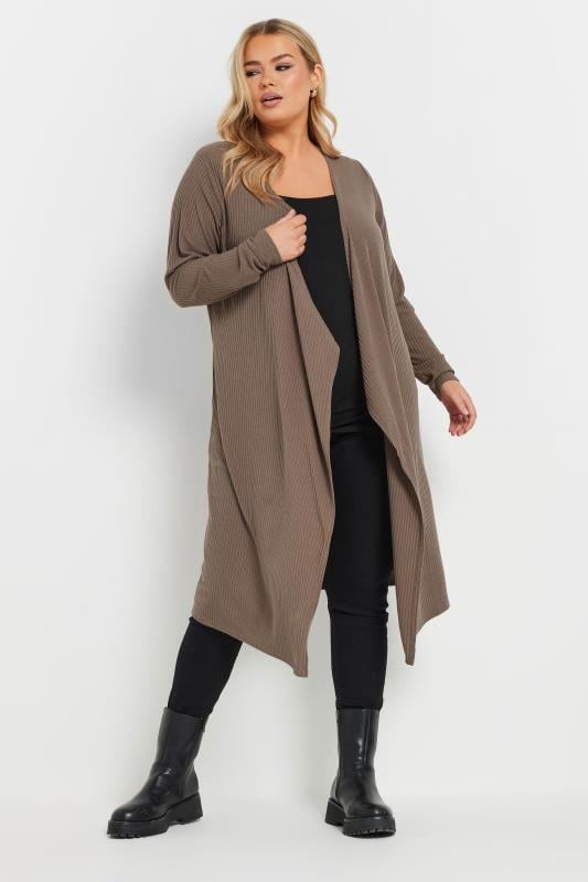 Evans YOURS Curve Mocha Brown Ribbed Midaxi Waterfall Cardigan