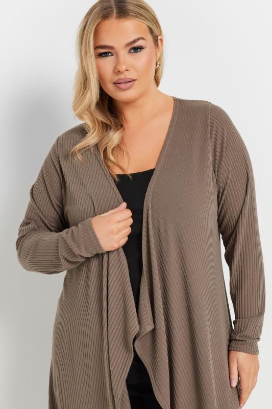 Evans YOURS Curve Mocha Brown Ribbed Midaxi Waterfall Cardigan