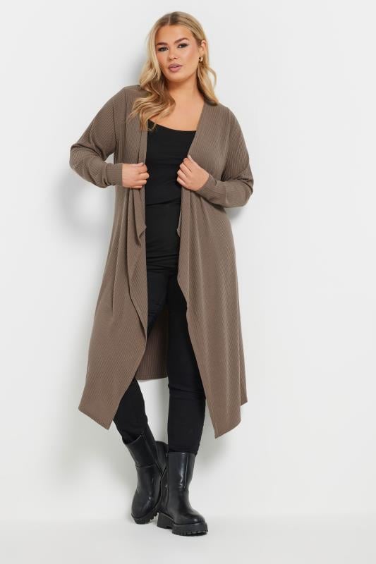 evans YOURS Curve Mocha Brown Ribbed Midaxi Waterfall Cardigan