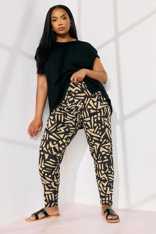 evans YOURS Curve Natural Brown Abstract Print Harem Trousers
