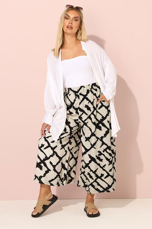 Evans YOURS Curve Natural Brown Abstract Print Wide Leg Trousers