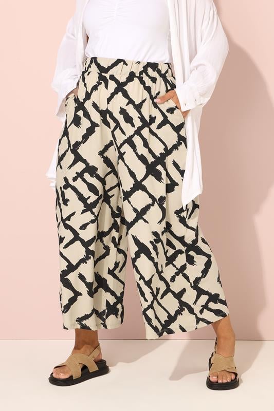 evans YOURS Curve Natural Brown Abstract Print Wide Leg Trousers