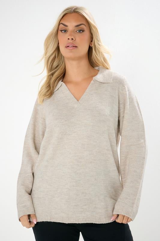 evans YOURS Curve Natural Brown Collared Knitted Jumper