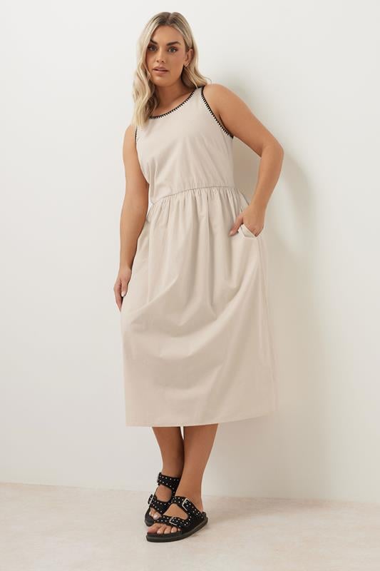 Evans YOURS Curve Natural Brown Contrast Blanket Stitch Midi Dress