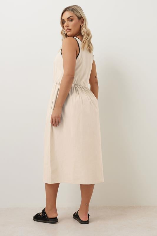 Evans YOURS Curve Natural Brown Contrast Blanket Stitch Midi Dress