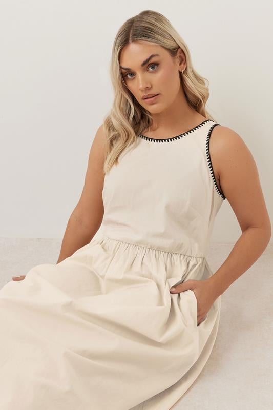 Evans YOURS Curve Natural Brown Contrast Blanket Stitch Midi Dress