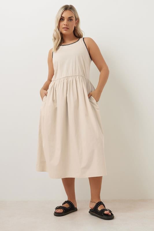 evans YOURS Curve Natural Brown Contrast Blanket Stitch Midi Dress