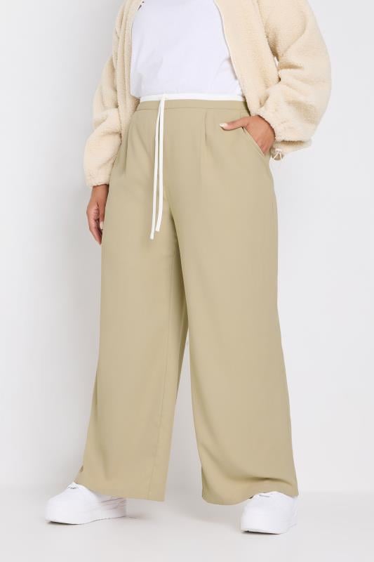 evans YOURS Curve Natural Brown Contrast Waist Wide Leg Trousers