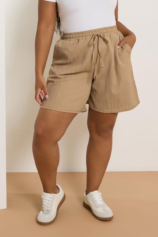evans YOURS Curve Natural Brown Crinkle Tie Waist Shorts