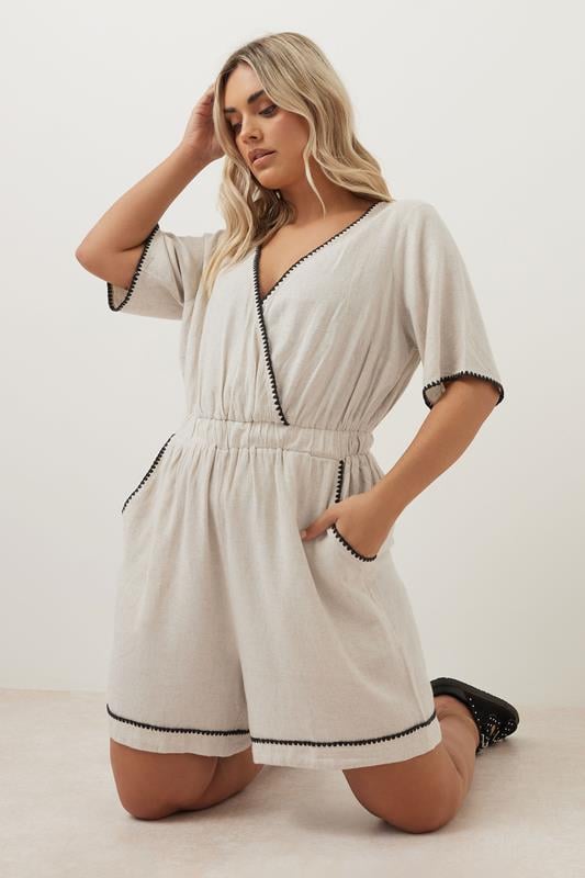 Evans YOURS Curve Natural Brown Embroidered Linen Playsuit