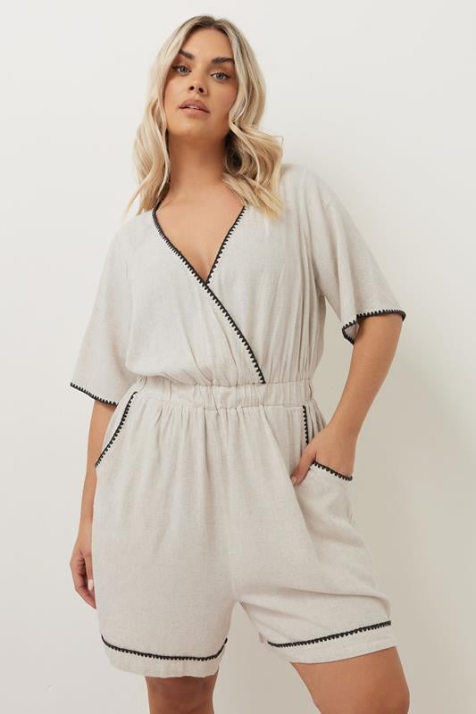 Evans YOURS Curve Natural Brown Embroidered Linen Playsuit