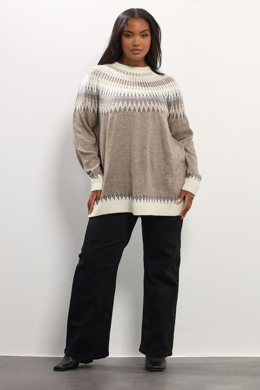 Evans YOURS Curve Natural Brown Fairisle Knitted Jumper