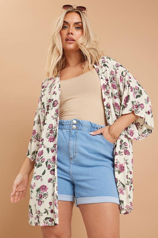 Evans YOURS Curve Natural Brown Floral Crochet Detail Kimono