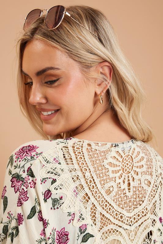 Evans YOURS Curve Natural Brown Floral Crochet Detail Kimono