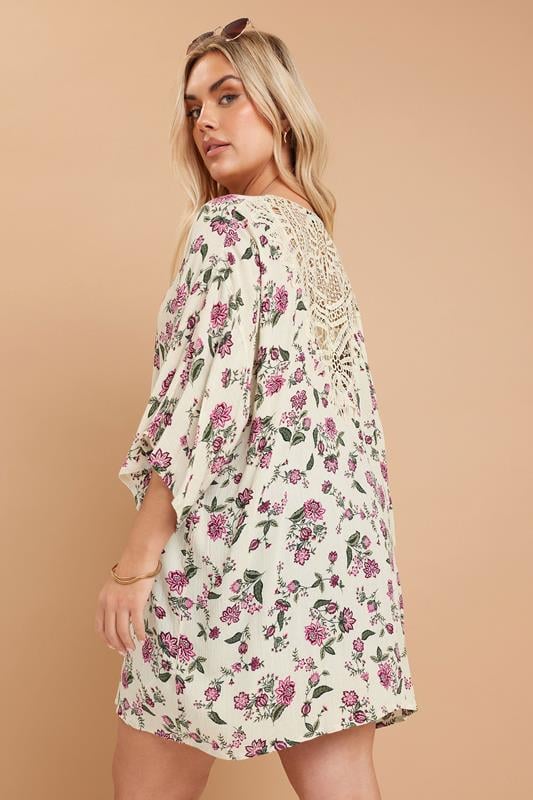 evans YOURS Curve Natural Brown Floral Crochet Detail Kimono
