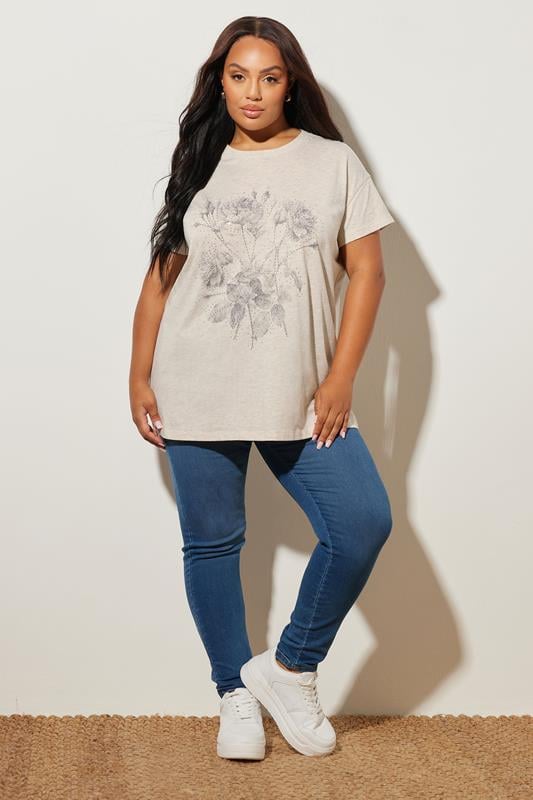 Evans YOURS Curve Natural Brown Floral Embellished T-Shirt