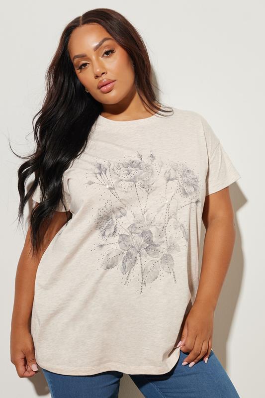 evans YOURS Curve Natural Brown Floral Embellished T-Shirt
