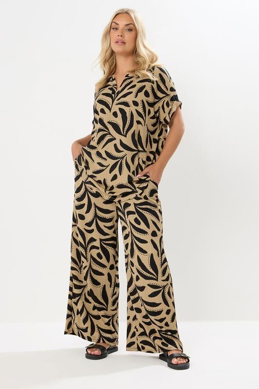 Evans YOURS Curve Natural Brown Leaf Crinkle Wide Leg Trousers