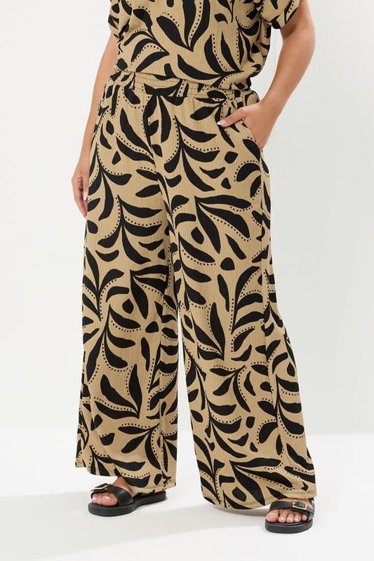 evans YOURS Curve Natural Brown Leaf Crinkle Wide Leg Trousers