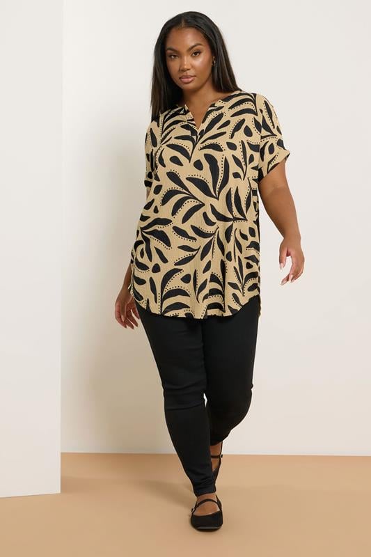 Evans YOURS Curve Natural Brown Leaf Print Textured Top