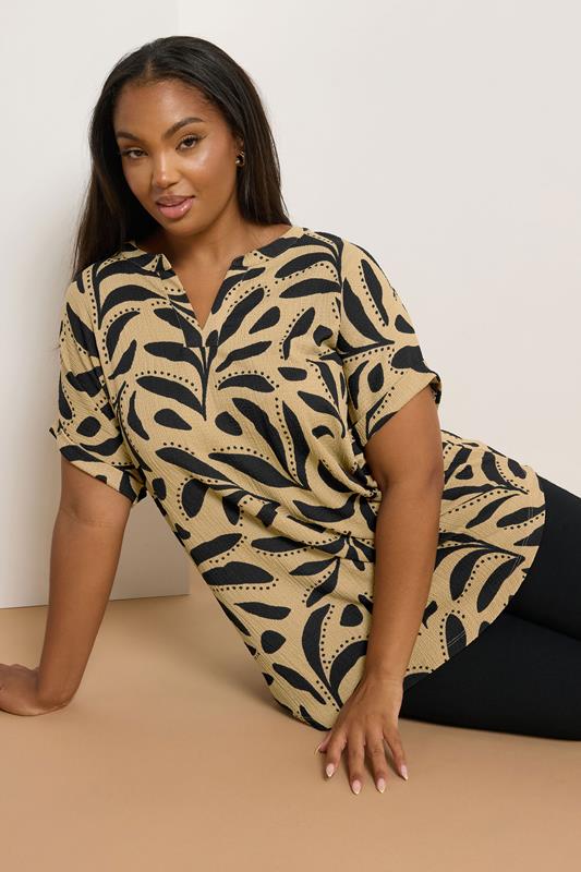 evans YOURS Curve Natural Brown Leaf Print Textured Top