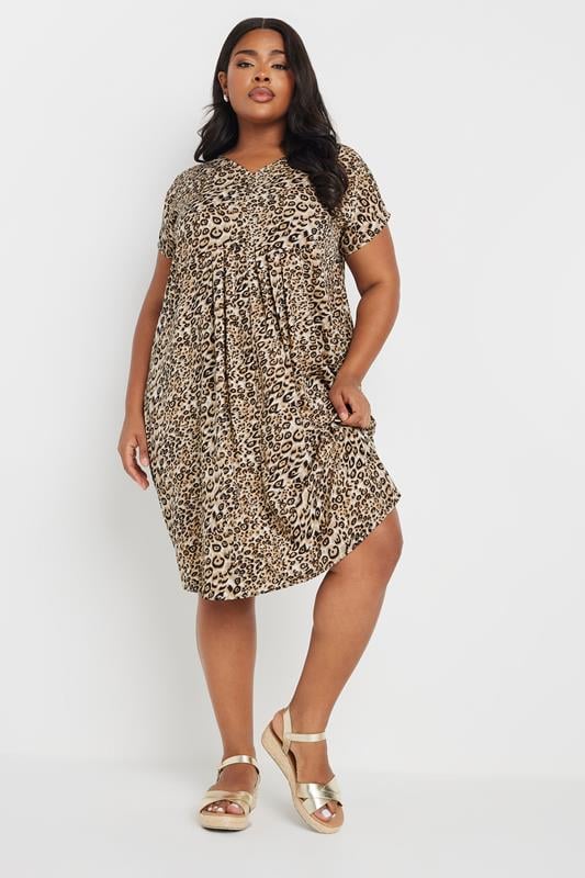 Evans YOURS Curve Natural Brown Leopard Print Pleat Front Dress