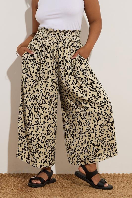 evans YOURS Curve Natural Brown Leopard Print Shirred Midaxi Culottes