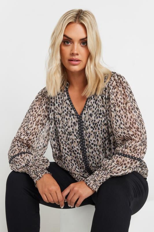 evans YOURS Curve Natural Brown Leopard Print Stud Trim Blouse