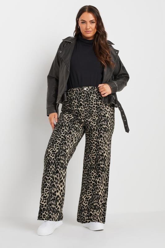 Evans YOURS Curve Natural Brown Leopard Print Wide Leg Jeans