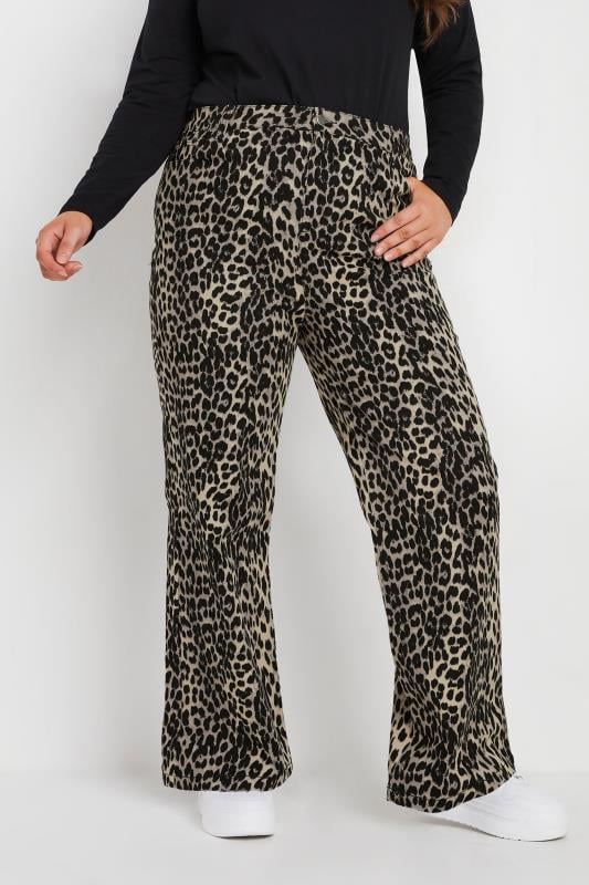 evans YOURS Curve Natural Brown Leopard Print Wide Leg Jeans