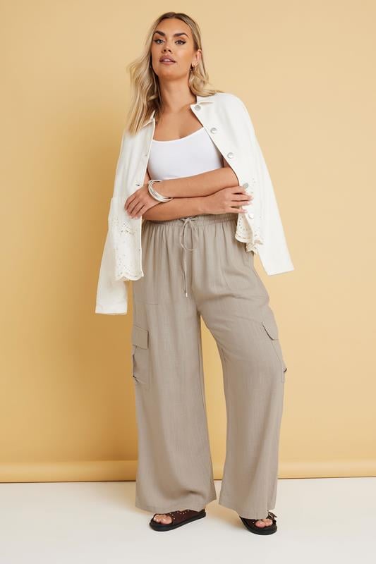 Evans YOURS Curve Natural Brown Linen Cargo Trousers