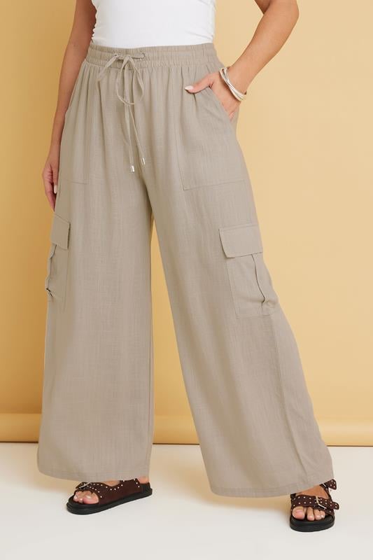 Evans YOURS Curve Natural Brown Linen Cargo Trousers