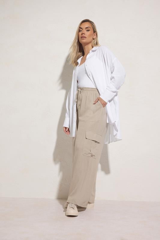evans YOURS Curve Natural Brown Linen Cargo Trousers