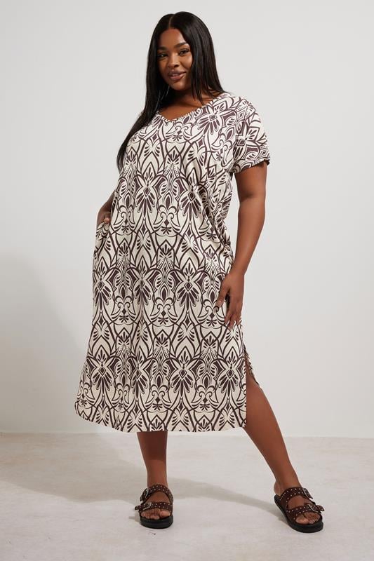 Evans YOURS Curve Natural Brown Paisley Print Midi Dress