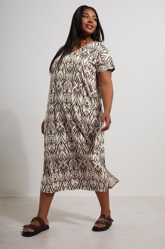 evans YOURS Curve Natural Brown Paisley Print Midi Dress