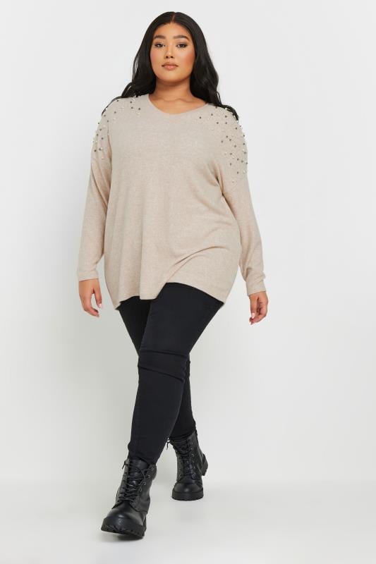 Evans YOURS Curve Natural Brown Pearl Embellished Jumper