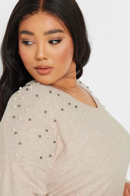 Evans YOURS Curve Natural Brown Pearl Embellished Jumper