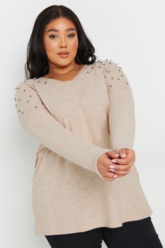 evans YOURS Curve Natural Brown Pearl Embellished Jumper